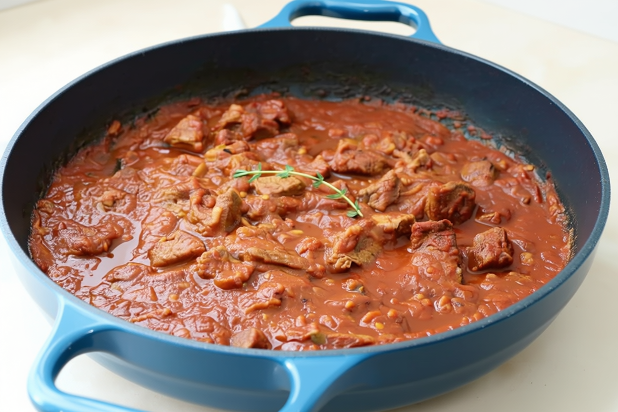 Guinean tomato stew in a pot with onions and spices