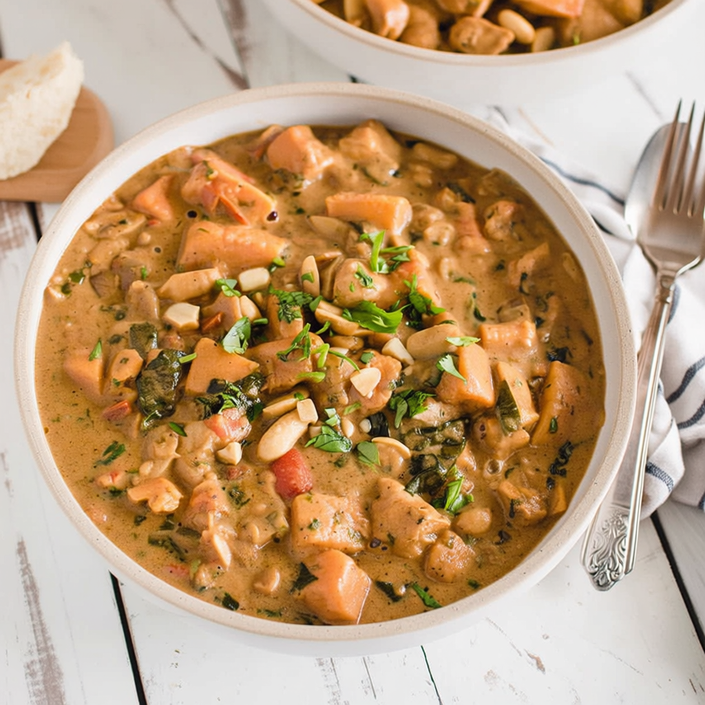 Guinean peanut soup served in a bowl with herbs on top