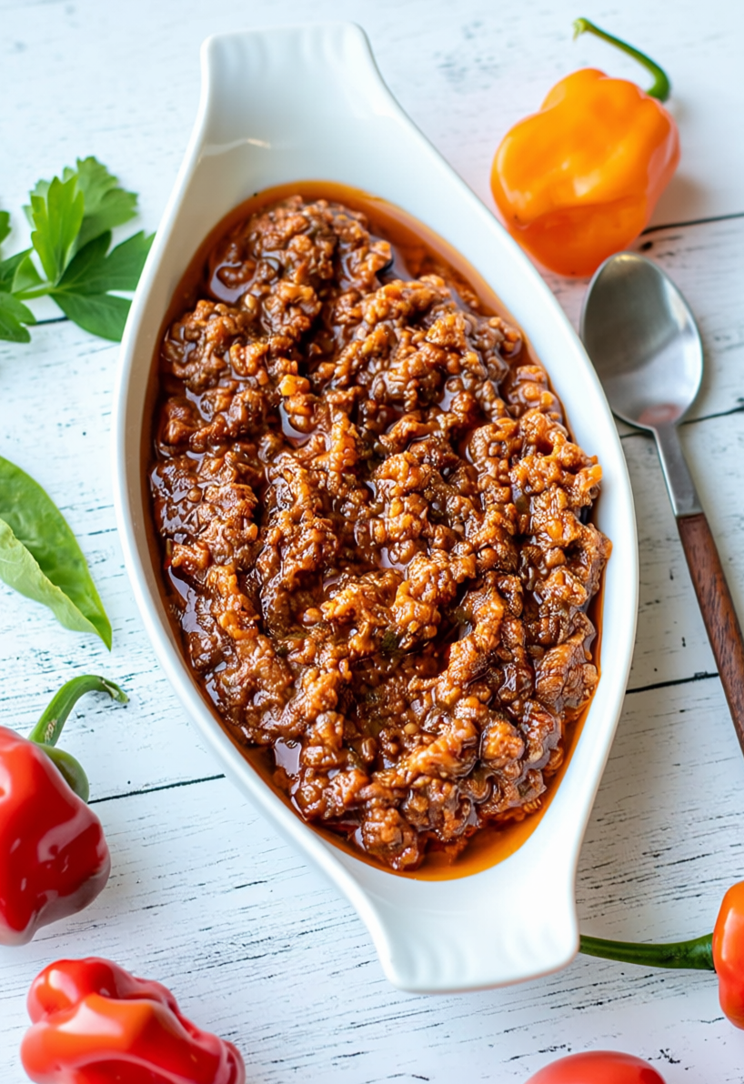Guinean pepper sauce in a bowl with chili peppers and garlic