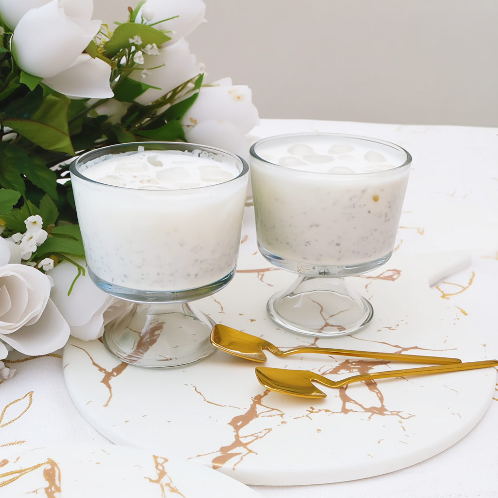 Thiakry drink served chilled in a glass with nutmeg on top