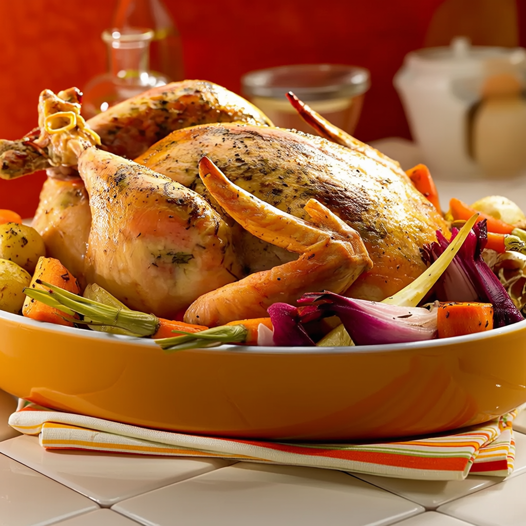 Grilled Guinean chicken served with lemon and vegetables