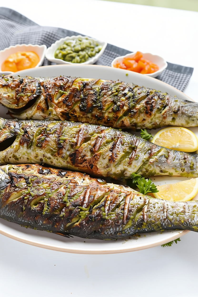 Guinean grilled fish served with vegetables and lemon slices